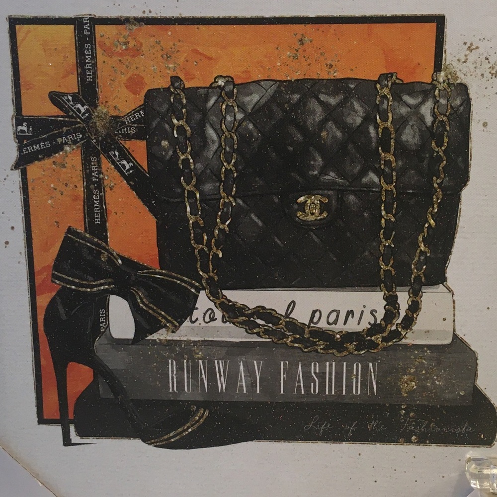🖤Wall Art 🖤 print featuring Black Chanel Purse on top of Runway Fashion Books.